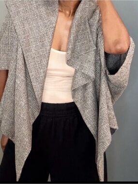 Gray Plaid Draped Open-Front Women’s Blazer